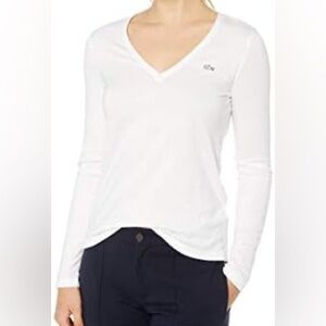 LACOSTE White V-Neck Ribbed Cotton Long Sleeve Shirt Size 38